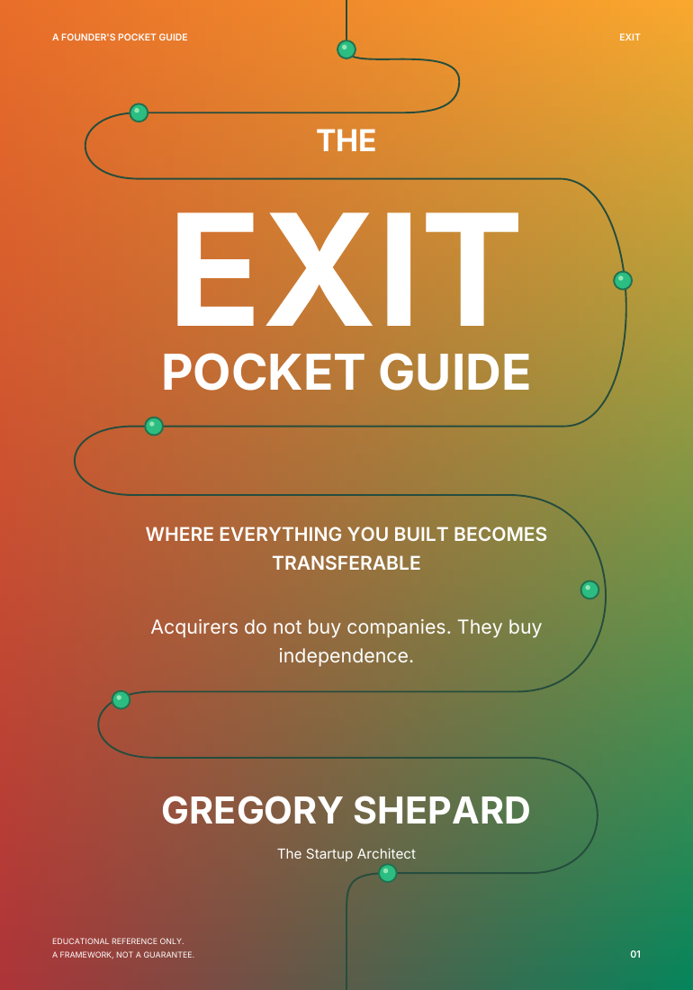 The Exit Pocket Guide cover with an orange-to-green background and winding path inspired by The Startup Lifecycle book